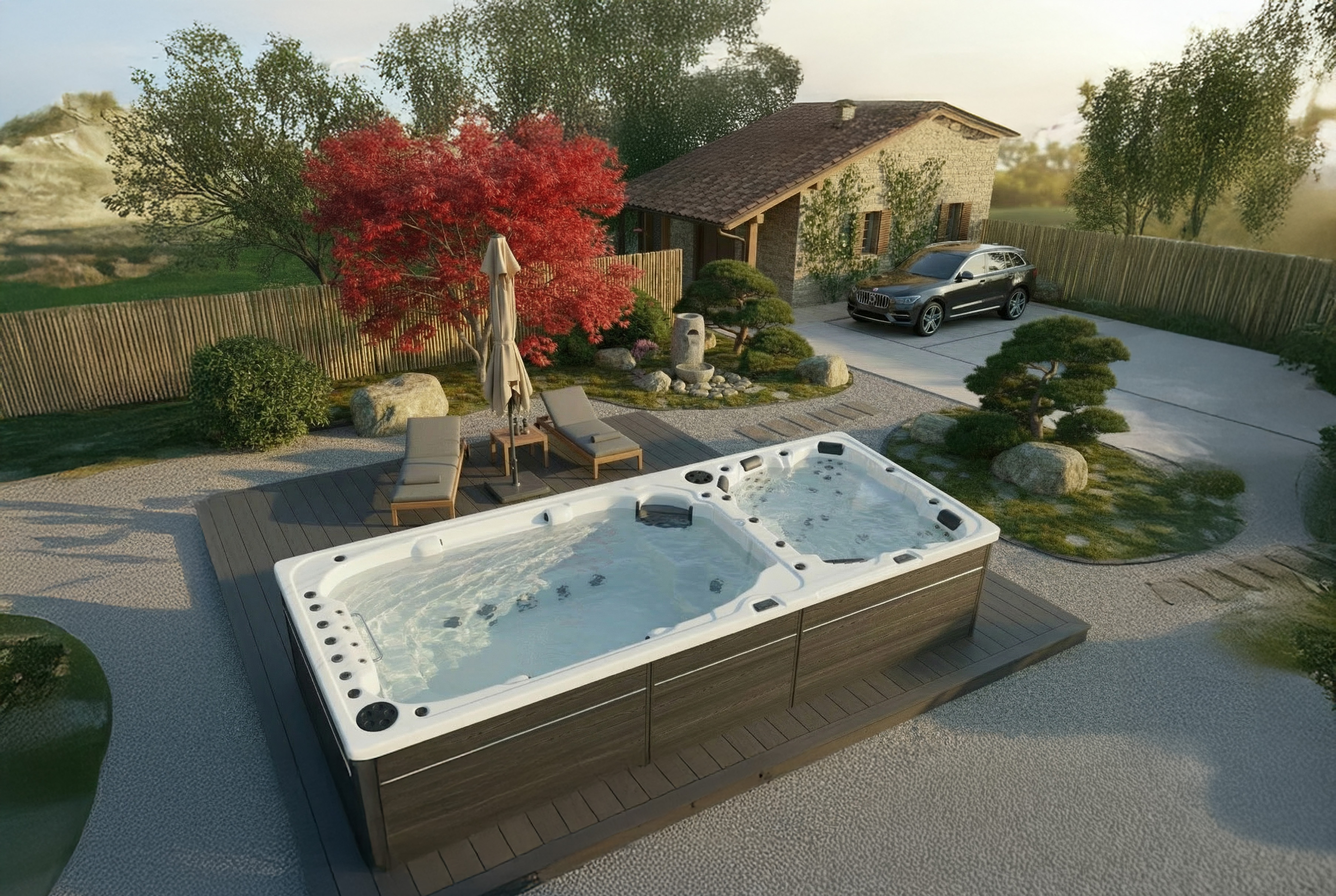 Vizualizace Valhalla bílá, nezapuštěná v japonské zahradě